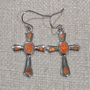 Silver and Orange Opal Inlay Cross Earrings